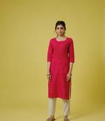 Pink 3/4th sleeves cotton cambric tonal floral thread work knee length kurta