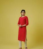 Red 3/4th sleeves cotton cambric tonal floral thread work knee length kurta