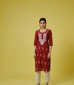 Maroon 3/4th sleeves cotton cambric floral thread work knee length kurta