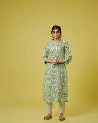 Green 3/4th sleeves cotton block print calf length kurta 1