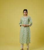 Green 3/4th sleeves cotton block print calf length kurta