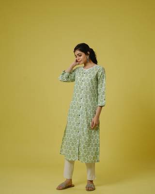 Green 3/4th sleeves cotton block print calf length kurta 2