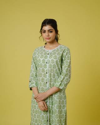 Green 3/4th sleeves cotton block print calf length kurta 3