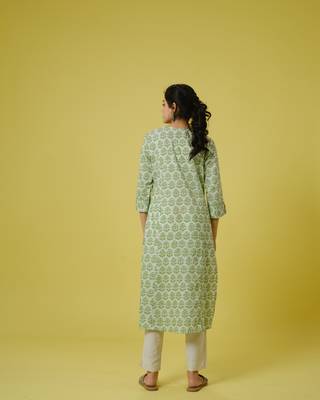 Green 3/4th sleeves cotton block print calf length kurta 4