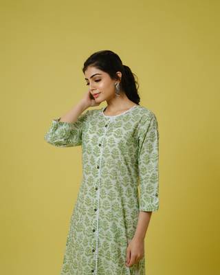 Green 3/4th sleeves cotton block print calf length kurta 5