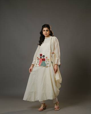 Cream full sleeves cotton art work, thread work, sequin full length kurta 1