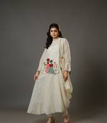 Cream full sleeves cotton art work, thread work, sequin full length kurta