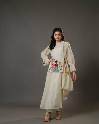 Cream full sleeves cotton art work, thread work, sequin full length kurta 2