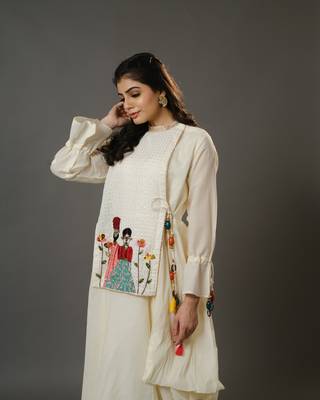 Cream full sleeves cotton art work, thread work, sequin full length kurta 3
