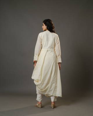 Cream full sleeves cotton art work, thread work, sequin full length kurta 4