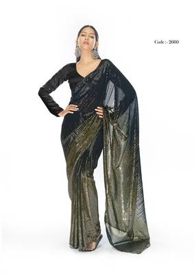 Bollywood sequin Embroidered Georgette Black Yellow Saree With Unstitched Blouse Fabric 1