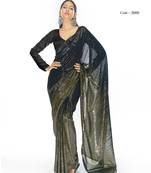 Bollywood sequin Embroidered Georgette Black Yellow Saree With Unstitched Blouse Fabric