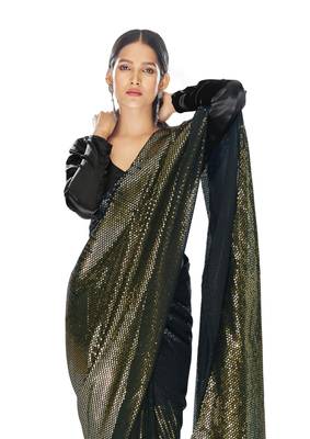 Bollywood sequin Embroidered Georgette Black Yellow Saree With Unstitched Blouse Fabric 2
