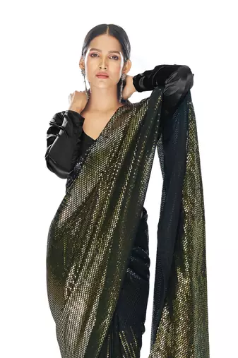 Bollywood sequin Embroidered Georgette Black Yellow Saree With Unstitched Blouse Fabric