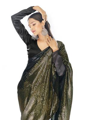 Bollywood sequin Embroidered Georgette Black Yellow Saree With Unstitched Blouse Fabric 3