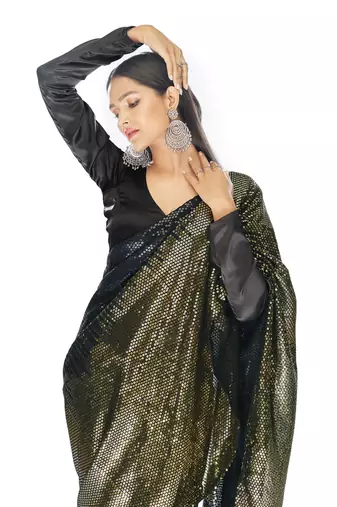 Bollywood sequin Embroidered Georgette Black Yellow Saree With Unstitched Blouse Fabric