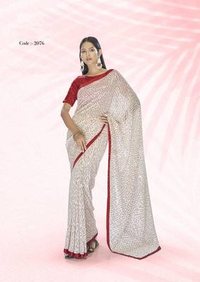 Bollywood sequin Embroidered Georgette White Saree With Unstitched Blouse Fabric 1