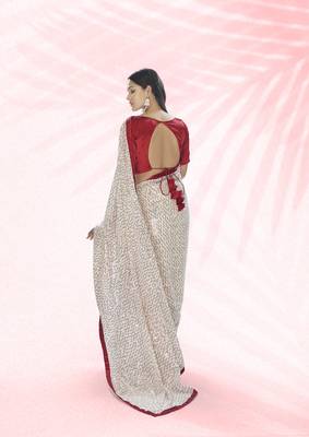 Bollywood sequin Embroidered Georgette White Saree With Unstitched Blouse Fabric 2