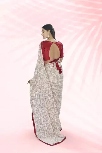Bollywood sequin Embroidered Georgette White Saree With Unstitched Blouse Fabric