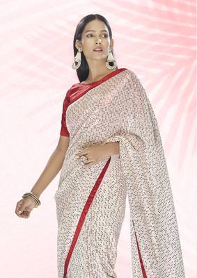 Bollywood sequin Embroidered Georgette White Saree With Unstitched Blouse Fabric 3