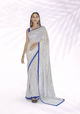 Bollywood sequin Embroidered Georgette White Saree With Unstitched Blouse Fabric 1