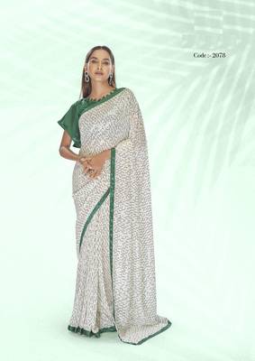 Bollywood sequin Embroidered Georgette White Saree With Unstitched Blouse Fabric 1