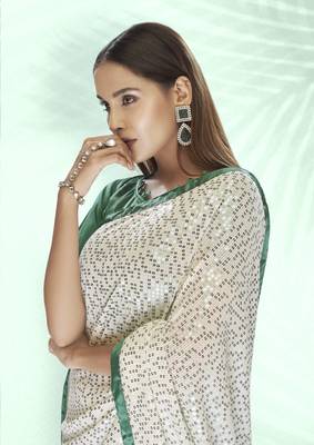 Bollywood sequin Embroidered Georgette White Saree With Unstitched Blouse Fabric 3