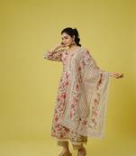 White 3/4th sleeves cotton floral print calf length kurta set - with dupatta