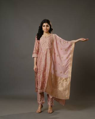 Peach 3/4th sleeves chanderi traditional motifs calf length kurta set - with dupatta 1