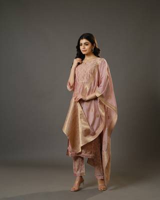 Peach 3/4th sleeves chanderi traditional motifs calf length kurta set - with dupatta 2