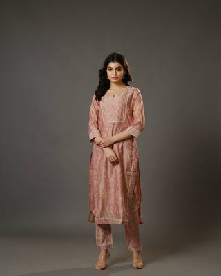 Peach 3/4th sleeves chanderi traditional motifs calf length kurta set - with dupatta 3