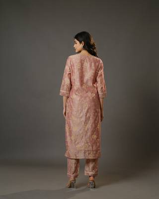 Peach 3/4th sleeves chanderi traditional motifs calf length kurta set - with dupatta 4