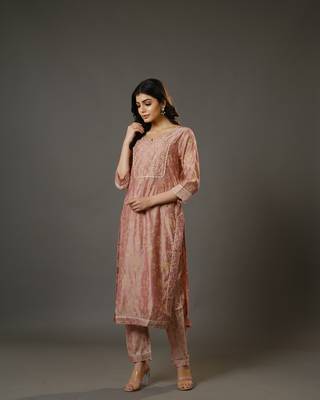 Peach 3/4th sleeves chanderi traditional motifs calf length kurta set - with dupatta 5