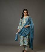 Stone blue 3/4th sleeves chanderi digital floral print, mirror work calf length kurta set - with dupatta