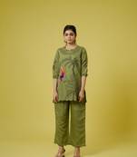 Olive 3/4th sleeves cotton chanderi tropical,thread work hip length co-ords
