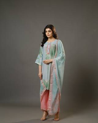 Sky blue 3/4th sleeves chanderi digital floral print, embellishment work knee length kurta set - with dupatta 1