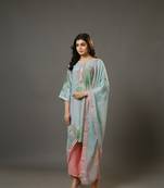 Sky blue 3/4th sleeves chanderi digital floral print, embellishment work knee length kurta set - with dupatta