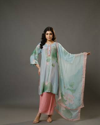 Sky blue 3/4th sleeves chanderi digital floral print, embellishment work knee length kurta set - with dupatta 2