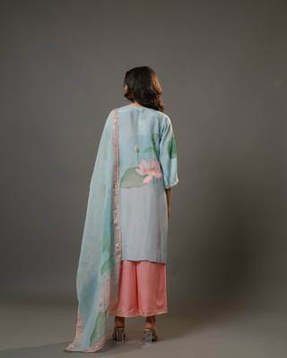 Sky blue 3/4th sleeves chanderi digital floral print, embellishment work knee length kurta set - with dupatta 3