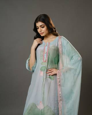 Sky blue 3/4th sleeves chanderi digital floral print, embellishment work knee length kurta set - with dupatta 4