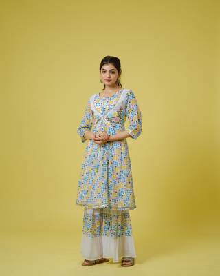Multi colour 3/4th sleeves cotton polka dots knee length kurta set - with dupatta 2