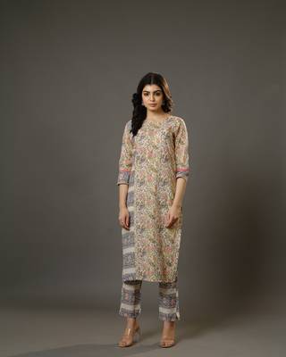 Beige 3/4th sleeves cotton block print calf length kurta set - without dupatta 1