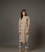 Beige 3/4th sleeves cotton block print calf length kurta set - without dupatta