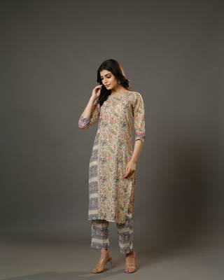 Beige 3/4th sleeves cotton block print calf length kurta set - without dupatta 2