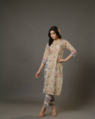 Beige 3/4th sleeves cotton block print calf length kurta set - without dupatta 3