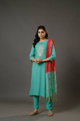 Sage green 3/4th sleeves cotton slub thread work calf length kurta set - with dupatta