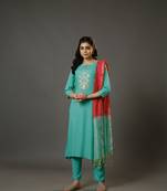 Sage green 3/4th sleeves cotton slub thread work calf length kurta set - with dupatta