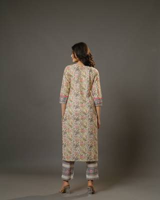 Beige 3/4th sleeves cotton block print calf length kurta set - without dupatta 4