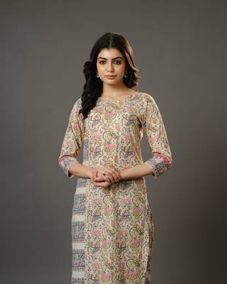 Beige 3/4th sleeves cotton block print calf length kurta set - without dupatta 5