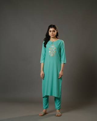 Sage green 3/4th sleeves cotton slub thread work calf length kurta set - with dupatta 3